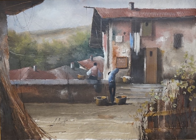Guido Borelli (Italian, b.1952), oil on canvas, Italian village scene with figures, signed, 49 x 69cm. Condition - good